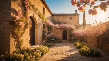 A serene courtyard adorned with blooming flowers and stone architecture, bathed in warm sunlight. photo