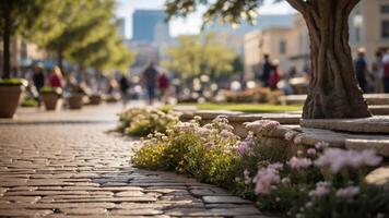 A vibrant urban scene with flowers lining a cobblestone path, people enjoying the outdoors. photo