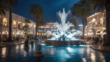 A beautifully lit fountain surrounded by palm trees and architecture at night. photo