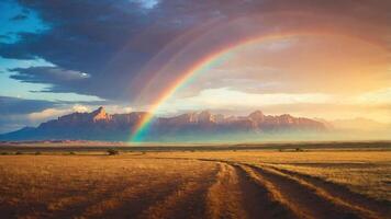 A stunning landscape featuring a double rainbow over mountains at sunset. photo