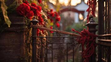 A rustic gate adorned with vibrant red roses and twine, evoking a serene garden atmosphere. photo