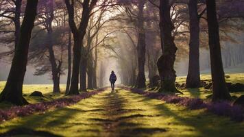 A serene path through a forest with sunlight filtering through trees and a solitary figure walking. photo