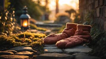 Cozy mittens resting on a stone path beside a glowing lantern at sunset. photo