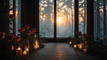 A serene scene with roses and candles, illuminated by a sunset through a window. photo