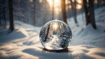 A crystal snow globe captures a serene winter forest scene with sunlight filtering through trees. photo