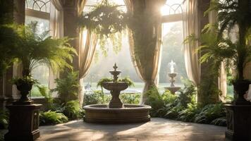 A serene indoor garden with a fountain, sunlight filtering through lush greenery. photo