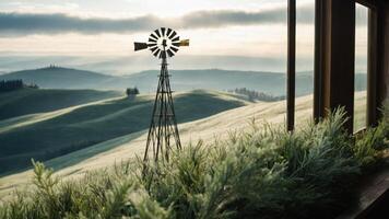 A scenic view of rolling hills with a windmill and lush greenery in the foreground. photo