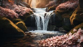 A serene waterfall surrounded by vibrant foliage and tranquil waters. photo