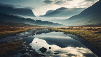 Serene landscape reflecting mountains and sky in a tranquil pond. photo