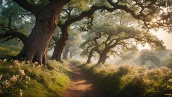 A serene forest path lined with trees and flowers, bathed in soft morning light. photo