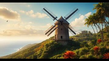 A scenic view of a windmill surrounded by lush greenery and vibrant flowers near the coast. photo