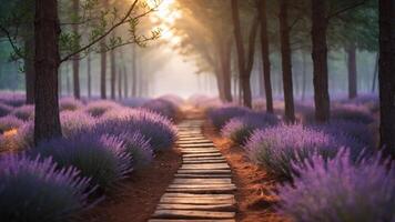 A serene lavender field with a wooden path, illuminated by soft sunlight through trees. photo