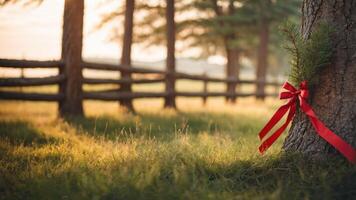 A festive scene featuring a tree adorned with a red ribbon and greenery in a serene landscape. photo