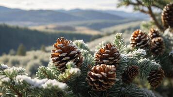 Snow-dusted pine cones on a branch with a scenic mountain backdrop. photo