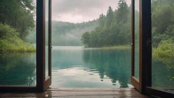 A serene view of a tranquil lake surrounded by lush greenery, seen through open doors. photo