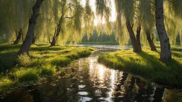 A serene riverside scene with willow trees reflecting in calm waters during golden hour. photo