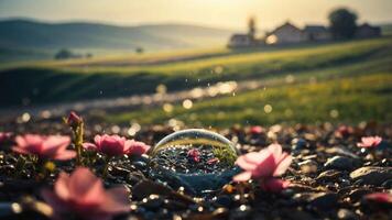 A serene landscape with flowers, a bubble, and a distant house under soft sunlight. photo