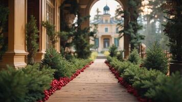A festive pathway lined with greenery and ornaments leading to a grand building. photo