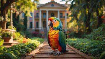 A vibrant parrot stands on a path in a lush garden, with a grand building in the background. photo