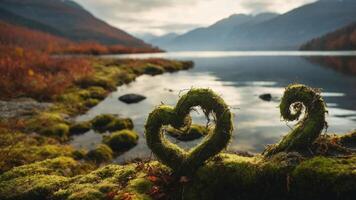 A serene landscape featuring moss-covered heart shapes by a tranquil lake amidst autumn colors. photo