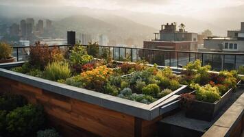 Rooftop garden filled with various plants and flowers, overlooking a cityscape at sunset. photo