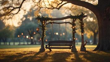 A serene swing under a tree, illuminated by lanterns, inviting relaxation in nature. photo