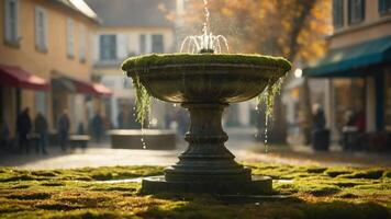 A serene fountain surrounded by greenery in a quaint, sunlit street. photo
