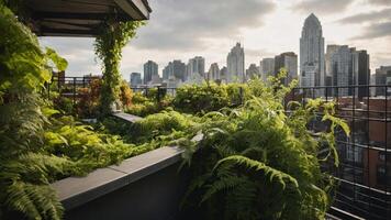 A lush rooftop garden with city skyline in the background. photo