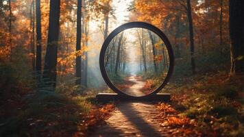 A serene forest path framed by a circular structure, showcasing autumn foliage and light. photo