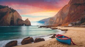 un sereno playa escena a puesta de sol con un vistoso barco y dramático acantilados foto