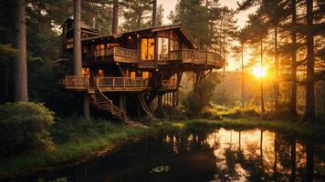 A scenic treehouse at sunset near a tranquil pond, surrounded by tall trees. photo