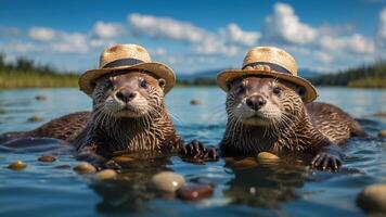 Two otters wearing straw hats floating in a serene lake with a scenic backdrop. photo