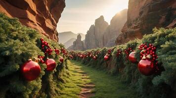 A scenic pathway adorned with festive decorations and red ornaments amidst natural landscapes. photo