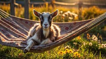 A goat relaxing in a hammock surrounded by flowers in a sunny field. photo