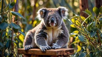 A koala resting on a wooden platform surrounded by greenery. photo