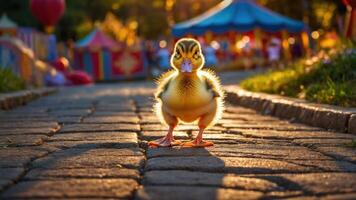 A cute duckling walks along a cobblestone path in a vibrant amusement park setting. photo