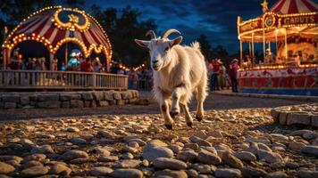 A goat walks on a cobblestone path near a carnival with lights and a carousel in the background. photo