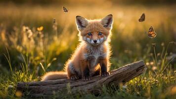 A charming fox sits on a log amidst butterflies in a sunlit field. photo