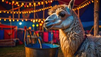 A llama stands beside a bucket in a vibrant circus tent adorned with colorful lights. photo