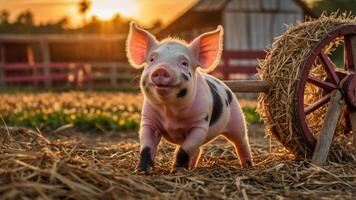 A cheerful piglet running in a sunny farmyard with a hay cart in the background. photo