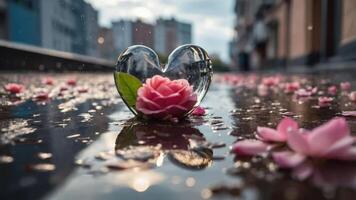 A heart-shaped glass object contains a rose, surrounded by petals on a wet surface. photo