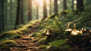 A serene forest path with golden bells nestled among lush greenery. photo