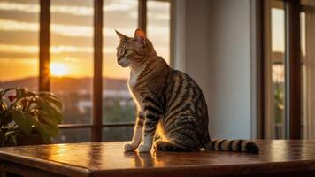 A cat sits on a table, gazing at a beautiful sunset through large windows. photo