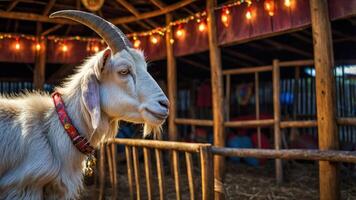 A goat stands in a cozy barn adorned with festive lights, creating a warm atmosphere. photo