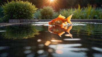 A goldfish swimming in a tranquil pond, reflecting sunlight and surrounded by greenery. photo