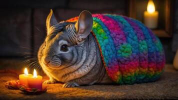 A cozy chinchilla wrapped in a colorful blanket near candles. photo