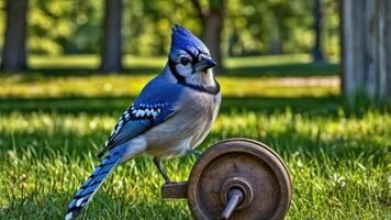 A blue jay perched beside a vintage pulley on green grass in a park setting. photo