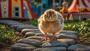 A fluffy chick stands on a stone path in a colorful carnival setting. photo