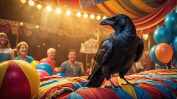 A raven perched on colorful circus props with an audience in the background. photo