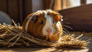 A close-up of a guinea pig resting on straw in a warm, sunlit environment. photo